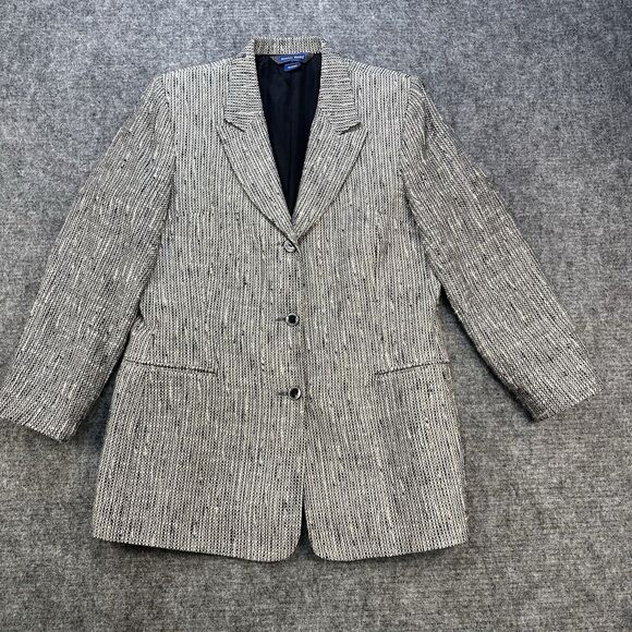 Vintage 90s Blazer Women 10 Black White Tweed Linen Blend Made in USA - Picture 1 of 16